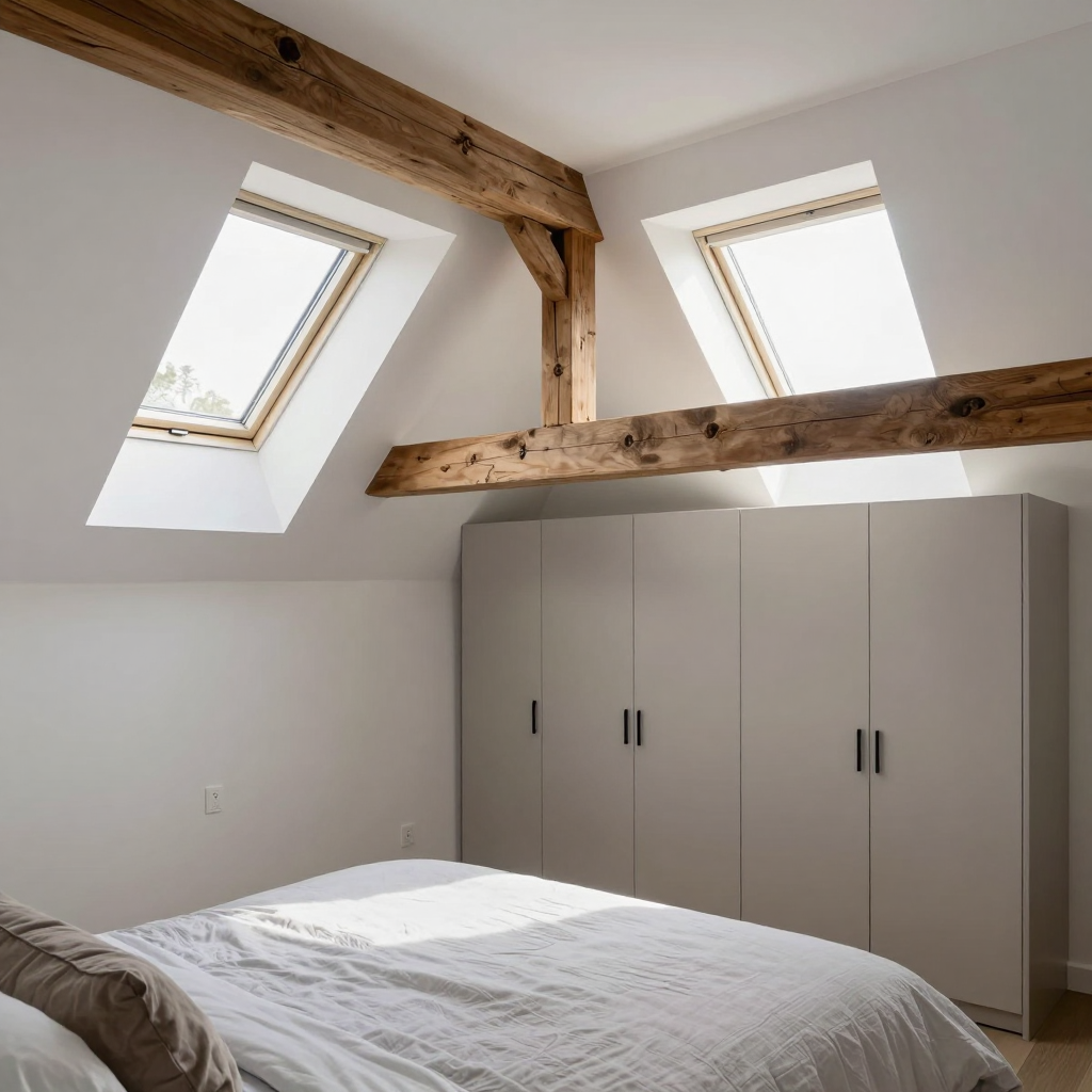 Finished loft conversion bedroom with skylights and exposed timber beams